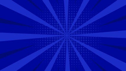 Classic Dark Blue Pop Art Comic Background with Radial Zoom Rays and Halftone