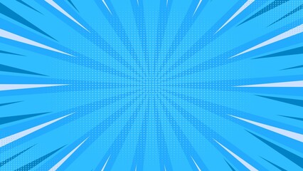 Bright Blue Comic Book Pop Art Zoom Speed Background with Halftone Dots