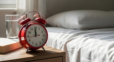 Red alarm clock ringing on bedside table morning routine sleep wake up time management concept