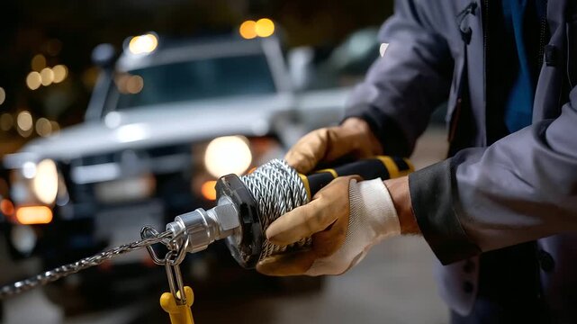 Hands-only mechanic checking winch tension while the car remains unrecognizable and softly blurred, with copy space