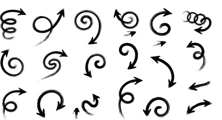 Set of black grungy spiral and curved brush stroke arrows vector collection