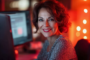 Eine glückliche, 60-jährige Frau sitzt an ihrem Computer und blickt direkt in die Kamera. Rote Beleuchtung, Generative KI