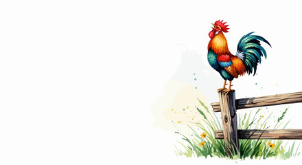 Vibrant watercolor rooster perched on a wooden fence, with expressive splatter and splash details. A beautiful farm scene vector illustration for design projects. 5 © PDWN Creative