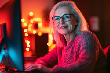 Eine glückliche, 60-jährige Frau sitzt an ihrem Computer und blickt direkt in die Kamera. Rote Beleuchtung, Generative KI