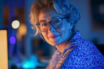 Eine glückliche, 60-jährige Frau sitzt an ihrem Computer und blickt direkt in die Kamera, blaue Beleuchtung, Generative KI