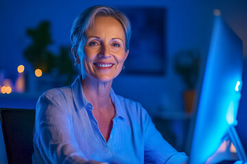 Eine glückliche, 60-jährige Frau sitzt an ihrem Computer und blickt direkt in die Kamera, blaue Beleuchtung, Generative KI