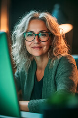 Eine glückliche, 60-jährige Frau sitzt an ihrem Computer und blickt direkt in die Kamera, grüne Beleuchtung, Generative KI