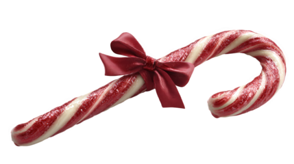 Christmas candy cane with red and white stripes and satin bow, isolated on transparent background