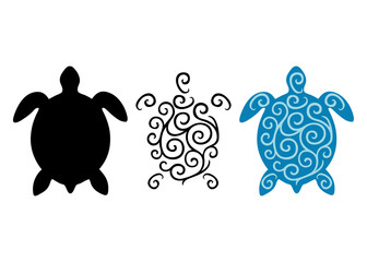 Ilustración de vida marina. Silueta de tortuga marina con líneas y volutas © teracreonte