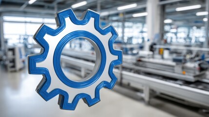 Blue gear wheel representing mechanical precision and functionality within a conceptual content center governed by agentic principles