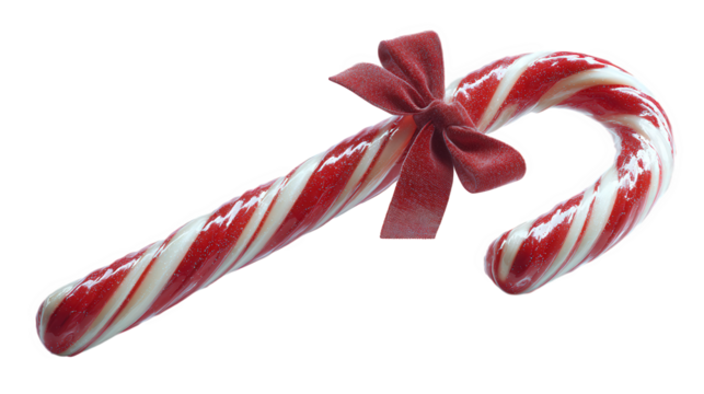 Christmas candy cane with red and white stripes and satin bow, isolated on transparent background