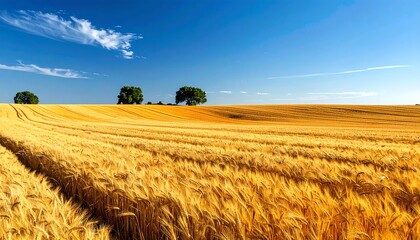 Obraz premium Golden field of wheat under a bright blue sky, three green trees on the horizon add a nice touch to landscape