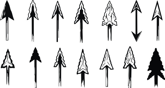 Stone age arrowhead black and white silhouettes collection vector illustration set