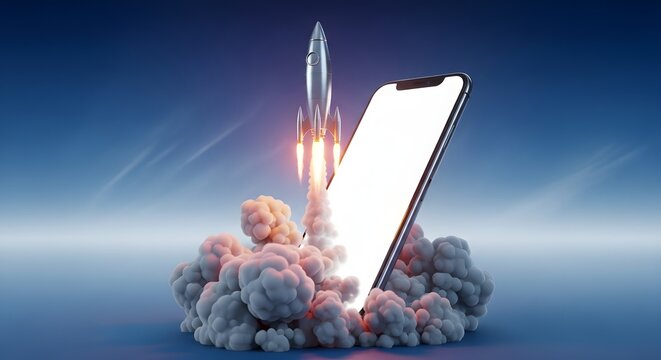 Mobile app launch rocket phone startup technology innovation digital marketing strategy growth - Powered by Adobe
