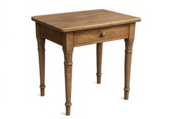 Elegant wooden antique side table with a drawer and carved legs, rustic furniture element on transparent background