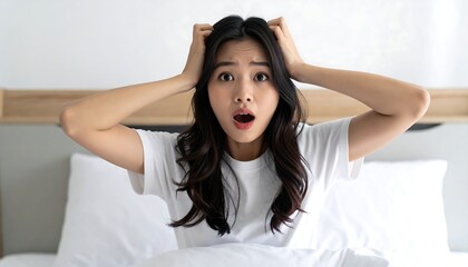Fototapeta premium Young woman with surprised face, hands on head, bed background, dark hair and white t-shirt