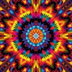 Fototapeta premium Vibrant psychedelic mandala with rainbow colors radiating from center, abstract digital art for creative use.
