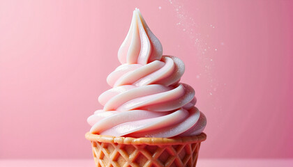 Strawberry soft serve in a waffle cone, pink gradient with sugar dust and space for text
