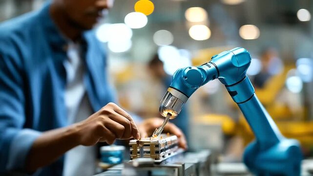 Collaborative robot working alongside human technician on battery assembly cobots in EV manufacturing human robot teamwork automotive production factory floor defocused behind