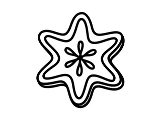 Obraz premium A stylized, hand-drawn illustration of a starfruit slice features a symmetrical, geometric pattern within its core, rendered in a simple black and white outline.