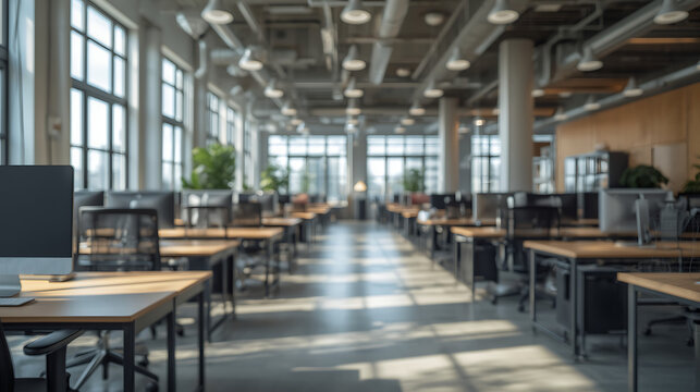 Bright Modern Coworking Space with Wooden Desks and Natural Light