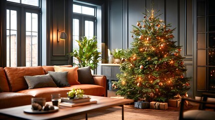 Warmly lit Christmas tree with ornaments stands beside a cozy leather sofa in a modern living room