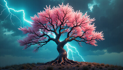 Cherry blossom tree struck by lightning, renewal and resilience concept, with space for text