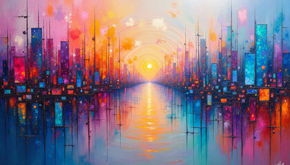 Colorful abstract cityscape oil painting with light reflection