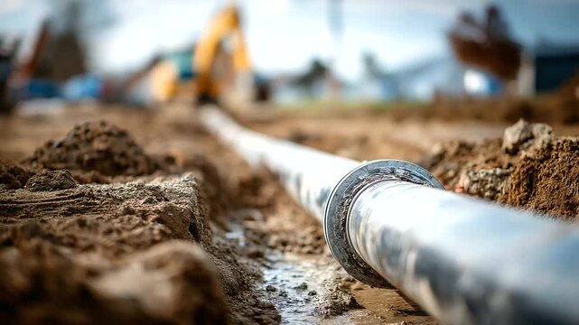 Completed pipeline section with backfill in progress construction phase completion infrastructure burial compaction equipment finished work construction zone defocused with