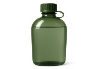 Green plastic military style canteen with water, hydrating for outdoor adventure, camping, and survival on transparent background