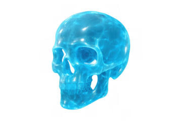 Skull concept featuring a translucent blue glass anatomical human head with glowing lines and transparent background