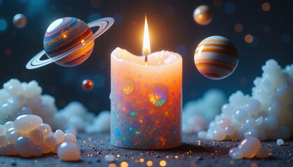 Ornate candle surrounded by planets in a cosmic setting, concept