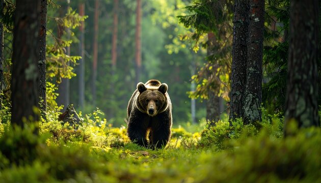 A majestic brown bear emerges from a lush forest path illuminated by natural light