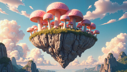 Pink mushrooms on a floating island with a mountain backdrop