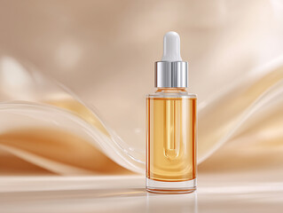 Naklejka premium エレガントな背景に置かれた高級感ある琥珀色の美容液ボトル