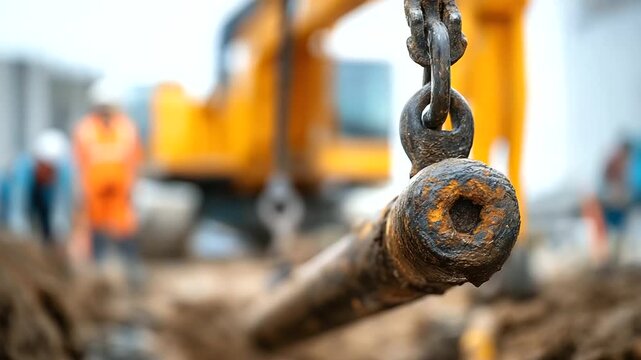 Crane hook lifting pipe section over trench rigging and installation infrastructure construction operation safety procedures heavy lift construction crew defocused below with