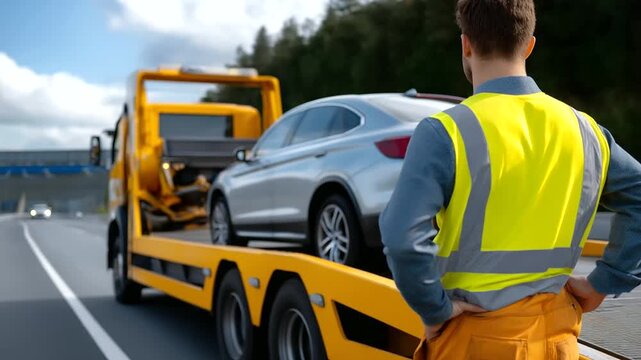 Faceless worker leaning on the tow truck door while a generic car rests on the platform, long highway behind defocused, with copy space