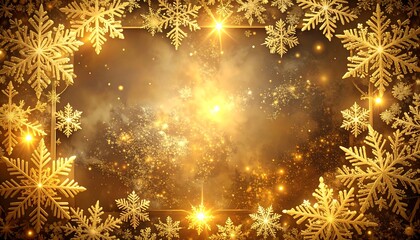 Golden snowflakes frame a sparkling abstract nebula, creating a festive, celestial winter holiday background