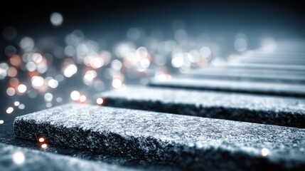 Concrete bench surrounded by blurred lights indicating urban environment and modern corporate digitalization themes