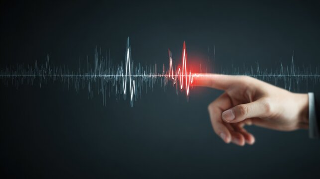 Hand touching sound wave representing connection between human interaction and digital communication in conceptual art