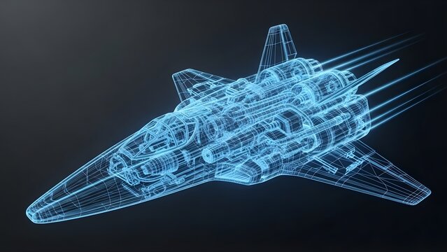 Futuristic blue holographic spaceship design with intricate wireframe detail