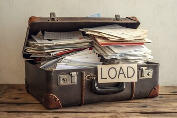 An overstuffed vintage briefcase filled with papers and word LOAD
