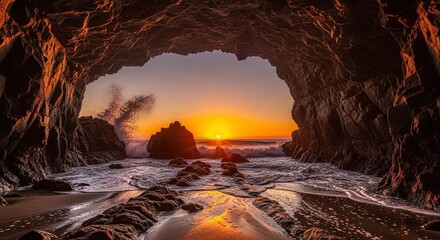 A breathtaking view from inside a sea cave at sunset, with waves crashing against the rocks and the golden light illuminating the scene, creating a serene and captivating coastal landscape at el matad