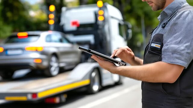 Torso-only shot of a towing technician holding a tablet while the car on the truck is intentionally out of focus, with copy space