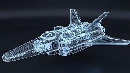 Futuristic space shuttle wireframe model glowing blue on dark background