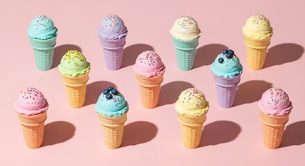 Colorful and pastel ice cream cones on pink background in a studio shot