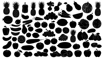 Fototapeta premium Black silhouettes of various fruits and vegetables arranged in rows on a white background
