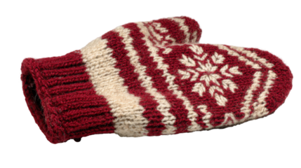 Knitted winter mitten with Nordic snowflake pattern in red and cream colors, realistic product photo