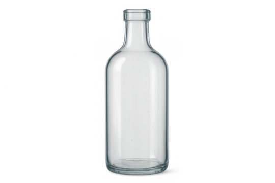 Empty transparent glass bottle for beverages or liquids showing clean design on a cutout background