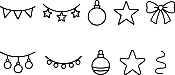 Vintage Christmas toys and gifts icons set. Rocking horse, nutcracker, teddy bear, decorations. Outline vector illustrations
